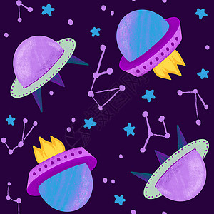手绘星座手绘紫蓝色外太空星系宇航员的无缝图案 星星行星小行星彗星土星月球织物印花男孩托儿所装饰宇宙飞船外星飞船艺术小行星行星婴儿彗星苗圃背景