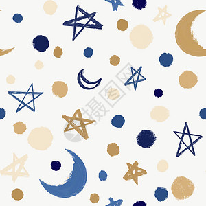 金月亮无缝节日背景 有月亮 星星和面条蓝色卷曲海浪打印织物插图卡通片金子墙纸生日背景
