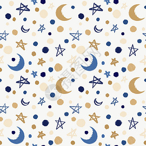 创意星星图案无缝节日背景 有月亮 星星和面条孩子墙纸漩涡织物打印孩子们蓝色卷曲生日包装背景