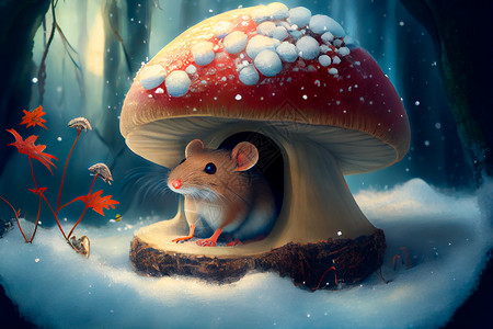 一只老鼠在冬天从蘑菇形状的房子偷看高清图片