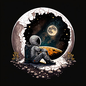 宇航员图标坐在月球上的宇航员的卡通图像探索动物涂鸦浅色宇航服星系天文学办公室月亮技术背景