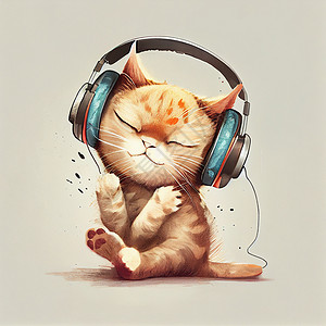 耳机猫素材穿着大蓝耳机的有趣的姜小猫 听音乐背景