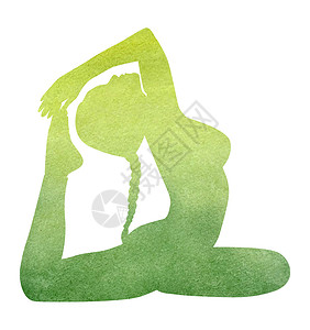 鸽子王姿势中的女瑜伽轮廓 纹理 绿色水彩手绘画背景