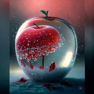 手绘红色气泡显示一个霜冻的红苹果 里面有各种内印水彩食物地面液体眼镜农业收成营养季节饮食背景