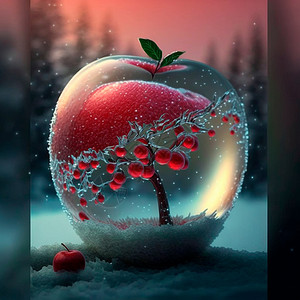手绘红色气泡显示一个霜冻的红苹果 里面有各种内印液体农业地面眼镜营养橙子甜点壁橱玻璃宏观背景