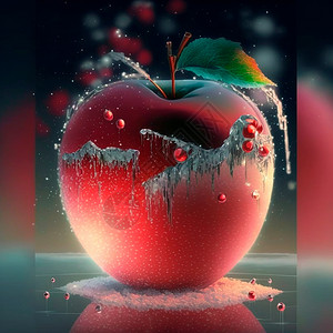 手绘红色气泡显示一个霜冻的红苹果 里面有各种内印液体反射季节纹理食物甜点时间饮食营养收成背景