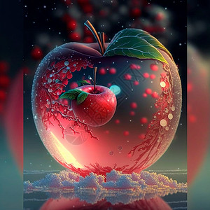 手绘红色气泡显示一个霜冻的红苹果 里面有各种内印农业蜡烛狐狸宏观叶子液体甜点食物气泡玻璃背景
