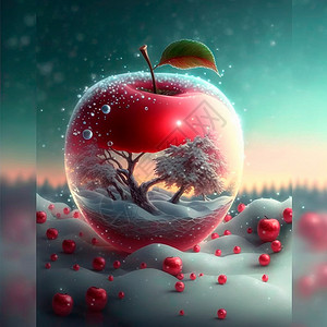 手绘红色气泡显示一个霜冻的红苹果 里面有各种内印壁橱食物液体玻璃营养手绘眼镜宏观蜡烛水彩背景