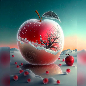 手绘红色气泡显示一个霜冻的红苹果 里面有各种内印季节水彩液体玻璃收成甜点宏观地面维生素橙子背景