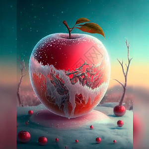 手绘婴亲霜显示一个霜冻的红苹果 里面有各种内印季节时间壁橱蜡烛橙子饮食反射宏观狐狸甜点背景