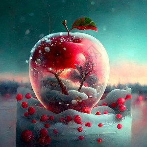 手绘红色气泡显示一个霜冻的红苹果 里面有各种内印食物营养维生素眼镜橙子饮食季节水果壁橱玻璃背景