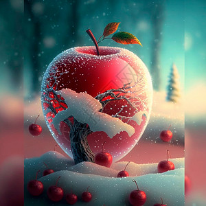 手绘红色气泡显示一个霜冻的红苹果 里面有各种内印食物营养狐狸壁橱蜡烛叶子水果维生素生产液体背景