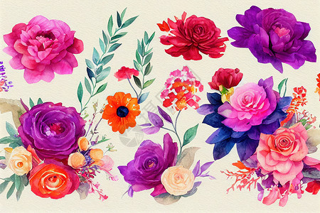 花花花束装水彩色的艺术品设计牡丹玫瑰婚礼郁金香手绘叶子邀请函植物树叶海葵背景图片