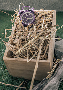 小木钟木箱里的稻草背景上的闹钟钟木头草垛时间塑料静物手表干草钟表礼物木材背景
