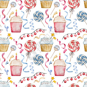 生日快乐蛋糕杯水彩色插图水彩蛋糕绘画婴儿卡片艺术派对庆典明信片奶油背景