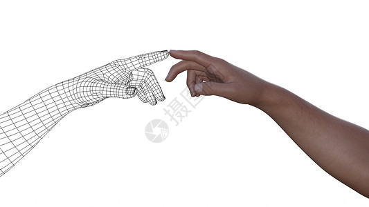 网格手男人手和手的铁丝网 用指数手指触摸白色背景矩阵图像绘画网格插图手臂手势模型电脑界面背景