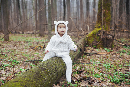 穿着熊服装的可爱婴儿 坐在森林一棵落树上高清图片