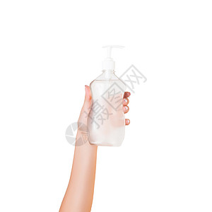 女性手握奶油液瓶 单独隔离女孩在白色背景上提供化妆品制品皮肤塑料产品凝胶卫生洗剂浴室液体身体包装背景