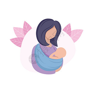 女孩图标母亲用吊带抱住孩子 母亲和刚出生的婴儿 怀孕 分娩 母性 矢量平面卡通插画 家庭和母爱的概念 网页绘图背景