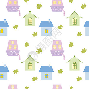 房子图案房屋和枫叶的无缝背景在白色背景上 儿童矢量卡通插图 图案 儿童房墙纸 纺织品 服装 书籍绘图 封面背景