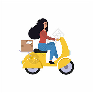 轻便摩托车运送食品 用摩托车在城市周围发送邮政物品的快递 送货女孩乘脚踏车和包裹 提供女性病媒服务时具有平坦性;以及背景