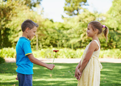鼓起勇气 一个害羞的小男孩拿着一朵花给他暗恋的小女孩图片