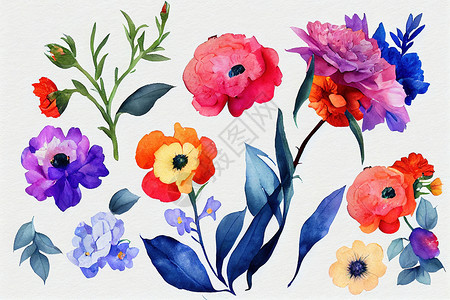 手绘花束花花花束装水彩色的艺术品设计植物叶子艺术郁金香拼贴画海葵婚礼牡丹绘画花园背景