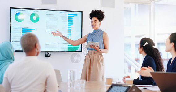 女商务人士 研讨会的成功和掌声与平板电脑和屏幕 统计数据和 ppt 信息图表和团队支持 谢谢 与黑人女发言人的商务会议和营销统计背景图片