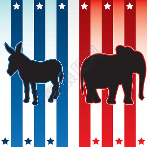 厚皮动物美洲选举矢量插图红色条纹动物投票爱国旗帜白色派对流行音乐吉祥物设计图片