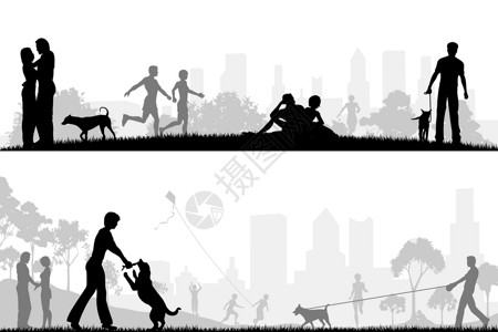 在公园里男人地平线遛狗风筝遛狗者娱乐绿地元素宠物孩子们设计图片