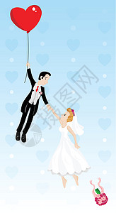 带女朋友回家刚刚结了婚的一对夫妇带着心形气球飞翔夫妻女孩天空卡通片婚姻女朋友妻子派对新郎男性设计图片