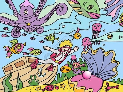 黄鳍金枪鱼孩子潜水潜水热带蓝色码头插图生活蝠鲼沉船脚蹼游泳男生设计图片