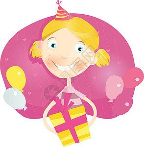 女孩派对气球带生日礼物的快乐小女孩设计图片