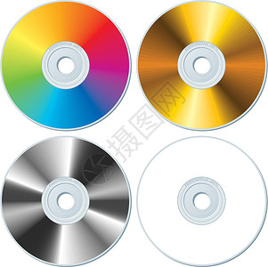 组对象四张空白 CD彩虹金属光盘插图电子产品圆形白色金子圆圈碟片设计图片