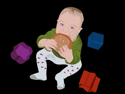 宝宝吃米饭饮食婴儿面包的多彩矢量学习食物后代孩子儿童眼睛情绪化生长营养女孩设计图片