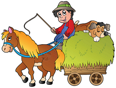 带马干草的复古马车带卡通农民的海马车设计图片