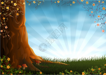 原封不动夏季草地插图叶子花朵衬套生活生态土地风景太阳木头设计图片