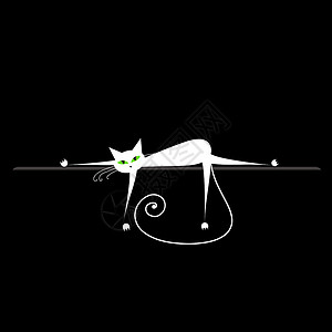 雉白猫放松 白猫用黑色来设计墨水动物卡通片胡须猫咪小猫艺术反射眼睛夹子设计图片