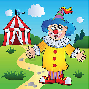 马戏小丑带马戏帐篷的卡通小丑设计图片