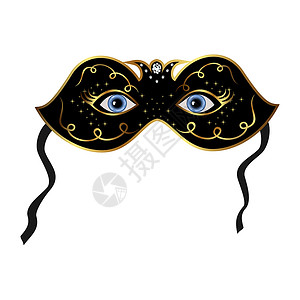 黑色面具蓝眼睛隐藏在戏剧面具下舞会狂欢节蓝色睫毛狂欢节日鸢尾花剧院丝带插图设计图片