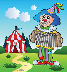 卡通手风琴小丑在帐篷附近玩手风琴设计图片