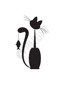 吃鱼黑色猫咪猫和鱼宠物食物哺乳动物乐趣礼物诱惑胡须插图猫咪惊喜设计图片