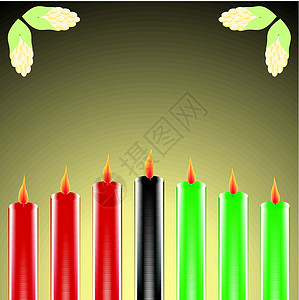 矢量中7个kwanzaa蜡烛燃烧灯芯精神烧伤辉光宗教庆典绿色火焰红色背景图片