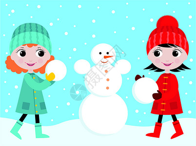 年轻圣诞女孩女孩们造雪人设计图片