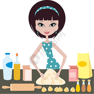 面粉面包擀面杖年轻妇女准备钱财滚动面粉糕点食物美食插图面团面包蛋糕厨师设计图片