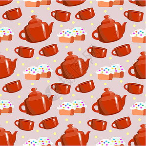 瓷茶壶无缝茶模式甜点飞碟茶壶装饰品插图卡片绘画杯子食物厨房设计图片