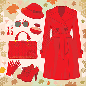 红色的衣服秋季时装集香水太阳镜耳环女性枫叶高跟鞋设计师外衣绘画帽子设计图片