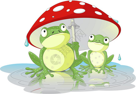 雨蘑菇青蛙动物绿色两栖动物天气红色绘画插图设计图片