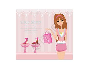 短剑鞋店的时装女孩购物皮革凉鞋脚跟架子衣服展示卡通片零售女性涂鸦设计图片