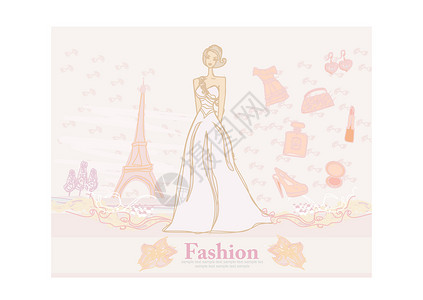 穿婚纱女在巴黎购物的女面条按钮袖子钱包眼镜球衣店铺化妆品女性顾客珠宝设计图片